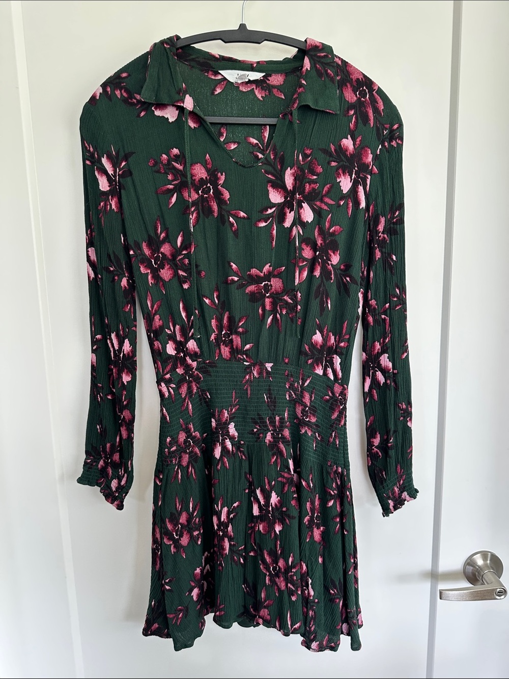 Jack by BB Dakota Dark Green Long-Sleeve Floral Mini Dress with Pink Blooms